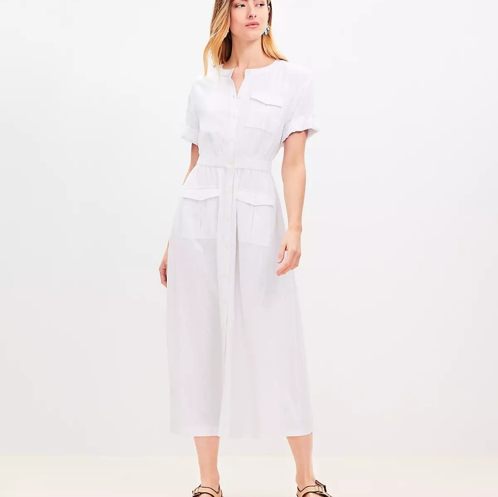 Loft Linen Utility Blend Mini Dress Pockets Button Front White 10